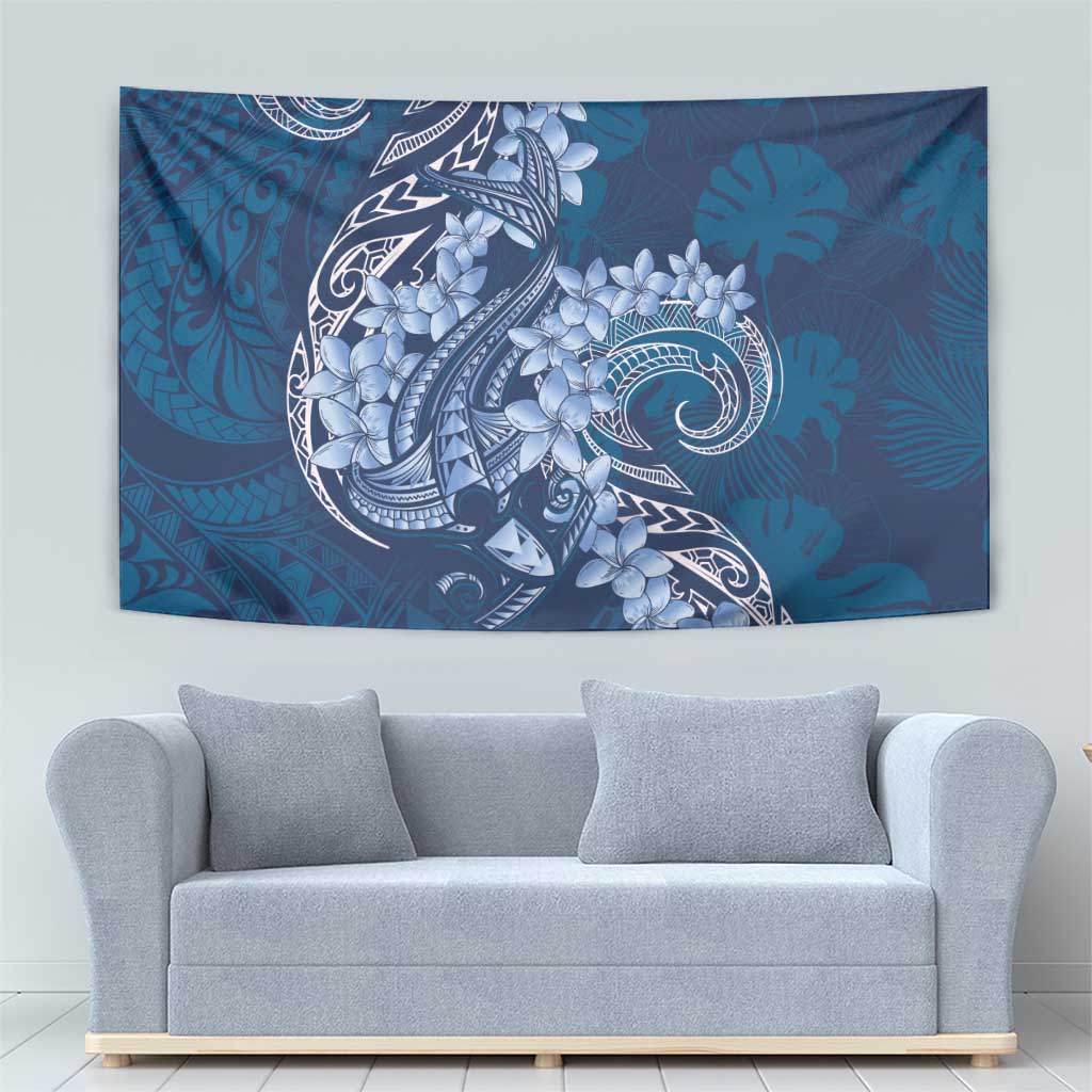 Navy Blue Polynesia Hammerhead Shark Tattoo With Plumeria Lei Tapestry