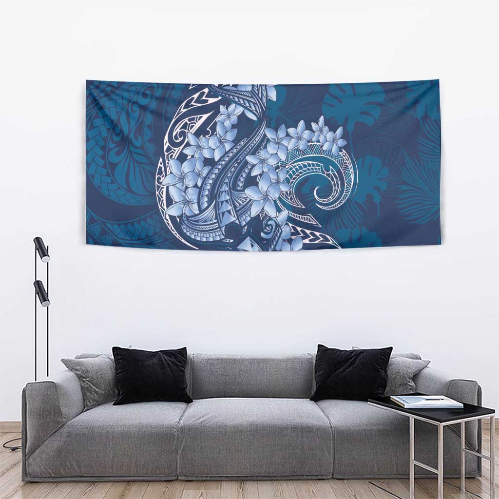 Navy Blue Polynesia Hammerhead Shark Tattoo With Plumeria Lei Tapestry
