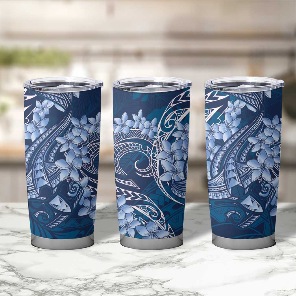 Navy Blue Polynesia Hammerhead Shark Tattoo With Plumeria Lei Tumbler Cup