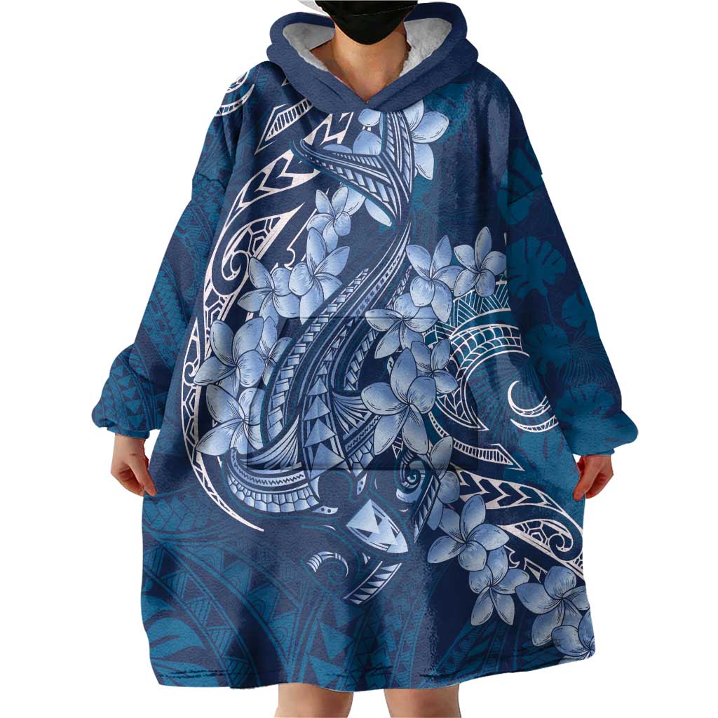 Navy Blue Polynesia Hammerhead Shark Tattoo With Plumeria Lei Wearable Blanket Hoodie