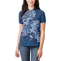 Navy Blue Polynesia Hammerhead Shark Tattoo With Plumeria Lei Women Polo Shirt