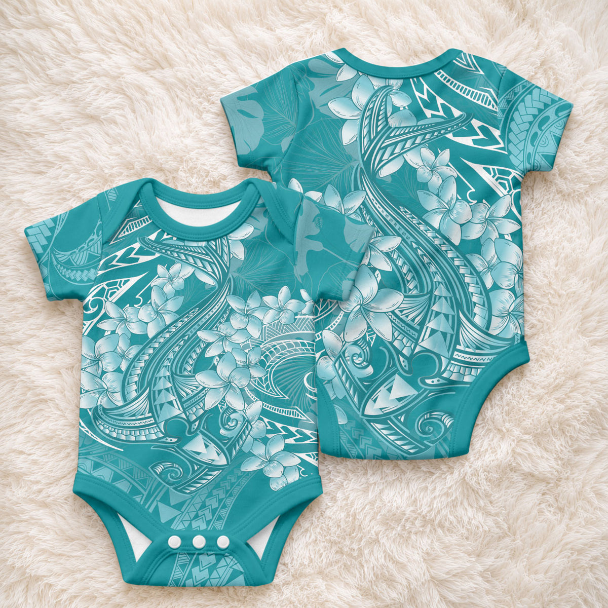 Teal Polynesia Hammerhead Shark Tattoo With Plumeria Lei Baby Onesie LT14 - Polynesian Pride