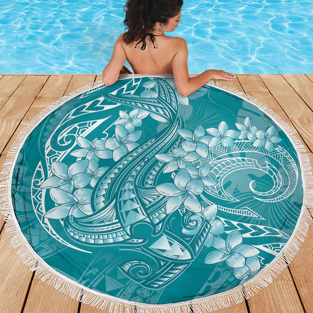 Teal Polynesia Hammerhead Shark Tattoo With Plumeria Lei Beach Blanket