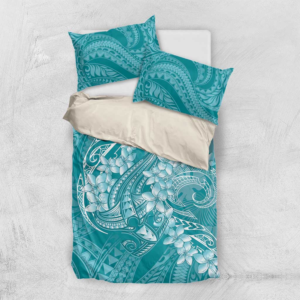 Teal Polynesia Hammerhead Shark Tattoo With Plumeria Lei Bedding Set