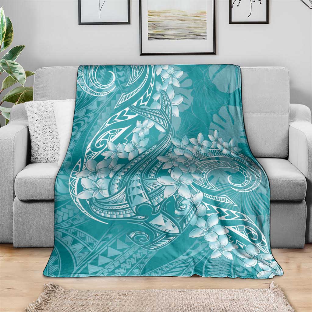 Teal Polynesia Hammerhead Shark Tattoo With Plumeria Lei Blanket