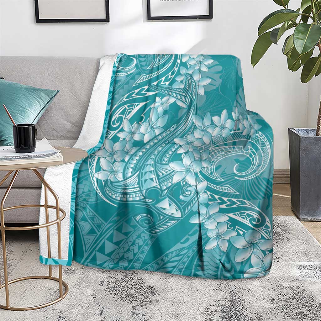 Teal Polynesia Hammerhead Shark Tattoo With Plumeria Lei Blanket