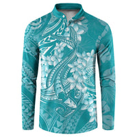 Teal Polynesia Hammerhead Shark Tattoo With Plumeria Lei Button Sweatshirt