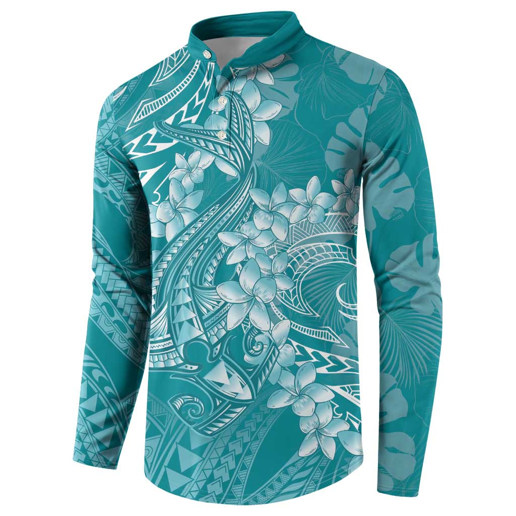 Teal Polynesia Hammerhead Shark Tattoo With Plumeria Lei Button Sweatshirt