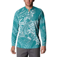 Teal Polynesia Hammerhead Shark Tattoo With Plumeria Lei Button Sweatshirt