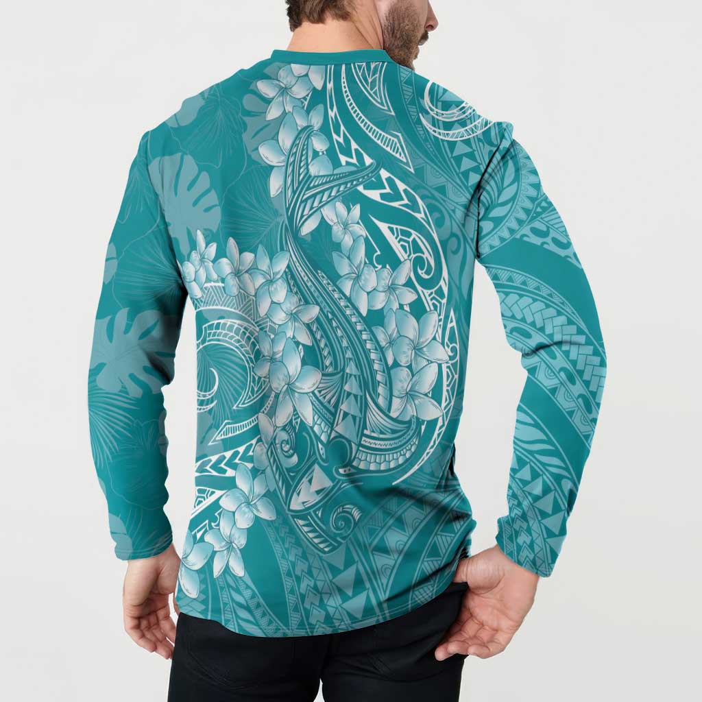 Teal Polynesia Hammerhead Shark Tattoo With Plumeria Lei Button Sweatshirt
