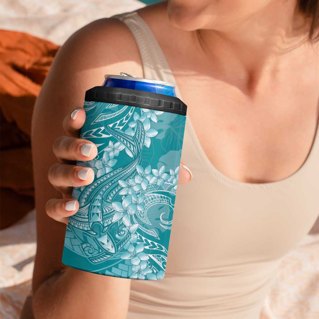 Teal Polynesia Hammerhead Shark Tattoo With Plumeria Lei 4 in 1 Can Cooler Tumbler