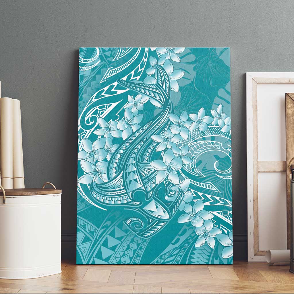 Teal Polynesia Hammerhead Shark Tattoo With Plumeria Lei Canvas Wall Art