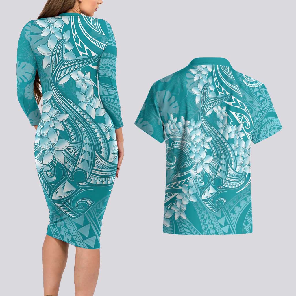 Teal Polynesia Hammerhead Shark Tattoo With Plumeria Lei Couples Matching Long Sleeve Bodycon Dress and Hawaiian Shirt