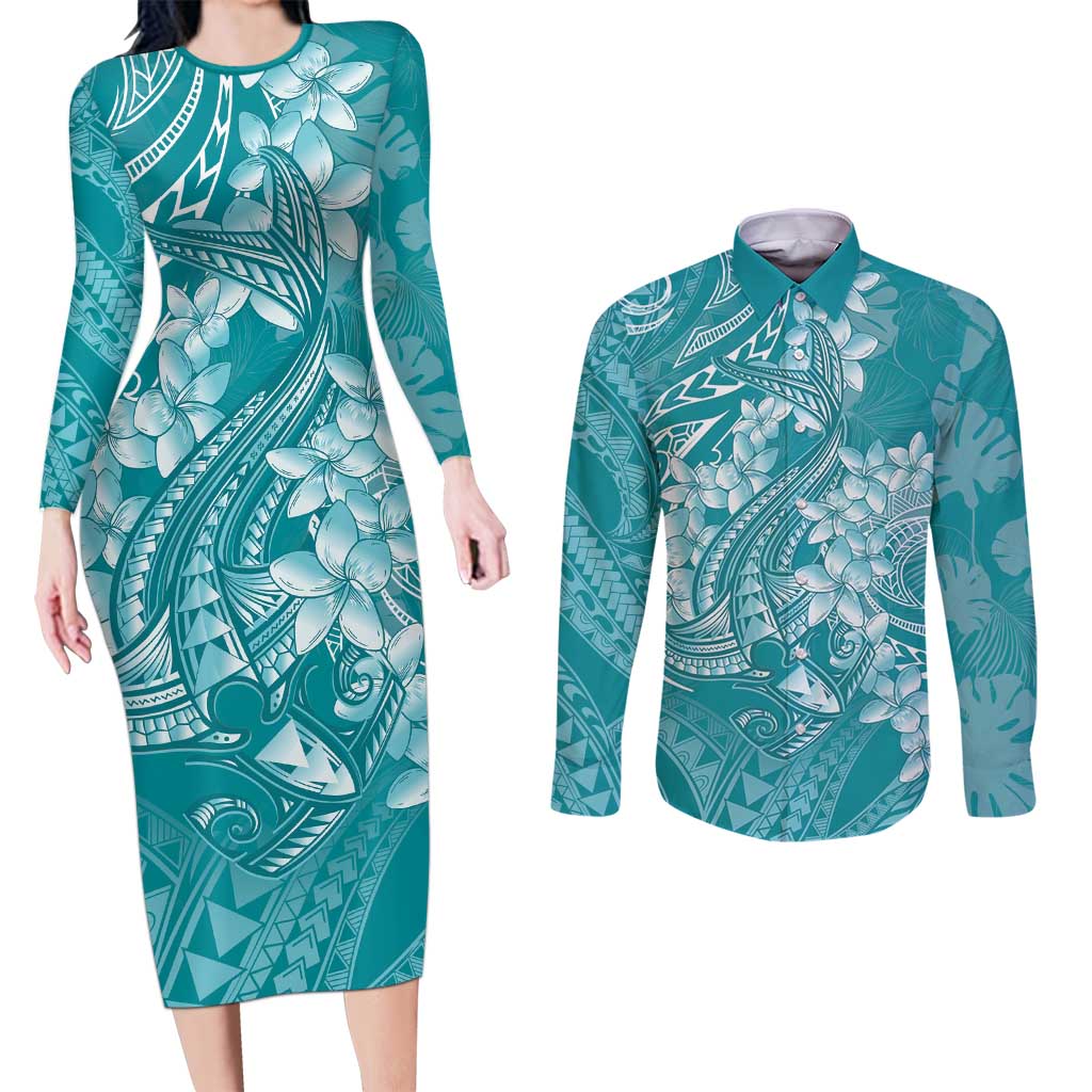 Teal Polynesia Hammerhead Shark Tattoo With Plumeria Lei Couples Matching Long Sleeve Bodycon Dress and Long Sleeve Button Shirt