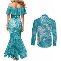 Teal Polynesia Hammerhead Shark Tattoo With Plumeria Lei Couples Matching Mermaid Dress and Long Sleeve Button Shirt