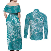 Teal Polynesia Hammerhead Shark Tattoo With Plumeria Lei Couples Matching Off Shoulder Maxi Dress and Long Sleeve Button Shirt