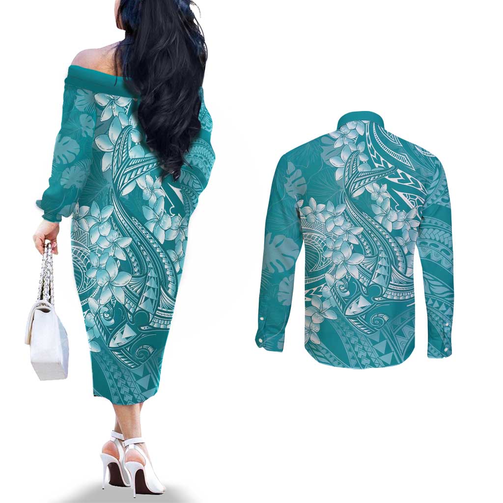 Teal Polynesia Hammerhead Shark Tattoo With Plumeria Lei Couples Matching Off The Shoulder Long Sleeve Dress and Long Sleeve Button Shirt