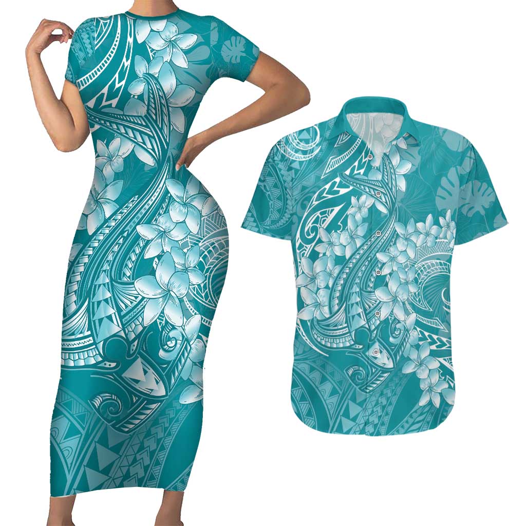 Teal Polynesia Hammerhead Shark Tattoo With Plumeria Lei Couples Matching Short Sleeve Bodycon Dress and Hawaiian Shirt