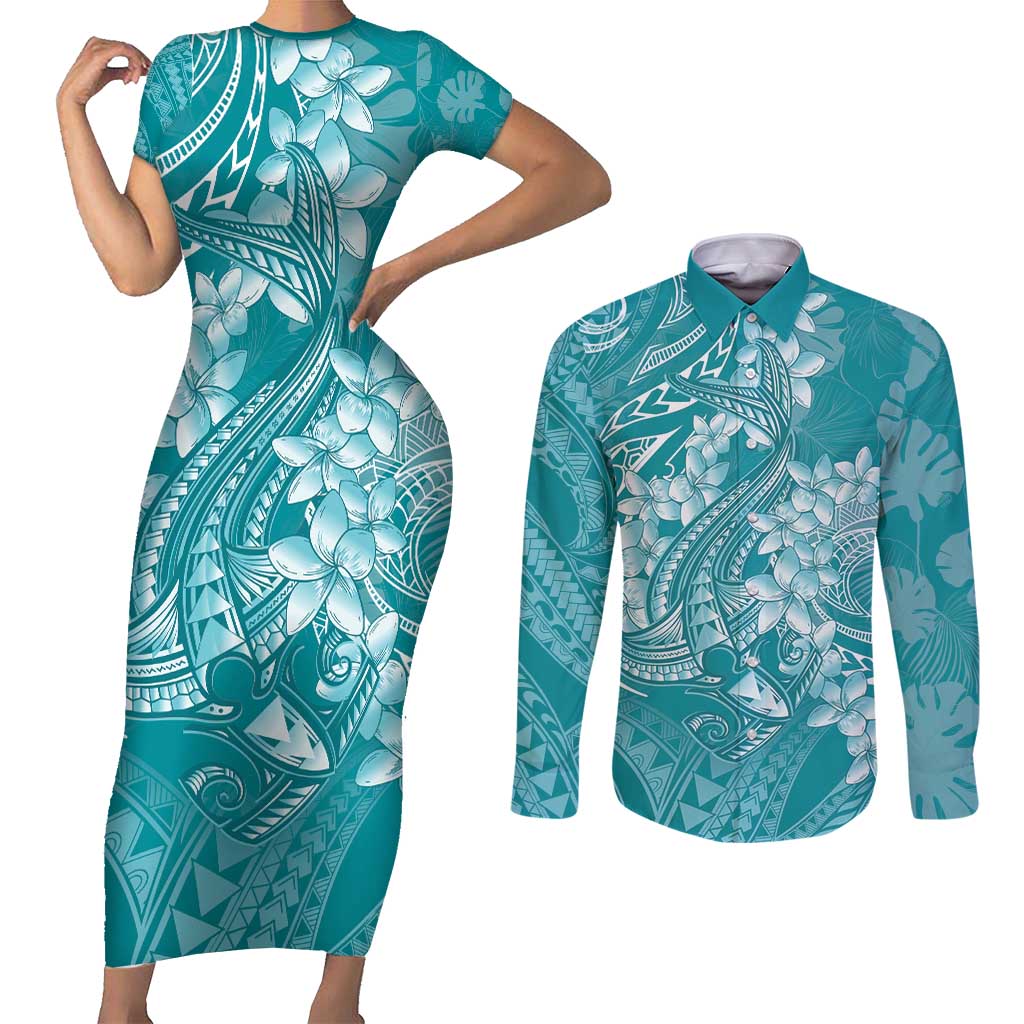Teal Polynesia Hammerhead Shark Tattoo With Plumeria Lei Couples Matching Short Sleeve Bodycon Dress and Long Sleeve Button Shirt