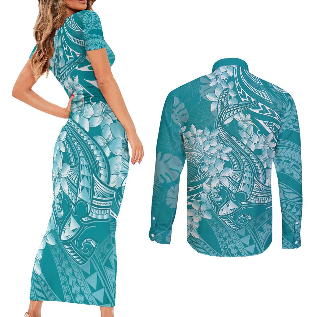 Teal Polynesia Hammerhead Shark Tattoo With Plumeria Lei Couples Matching Short Sleeve Bodycon Dress and Long Sleeve Button Shirt