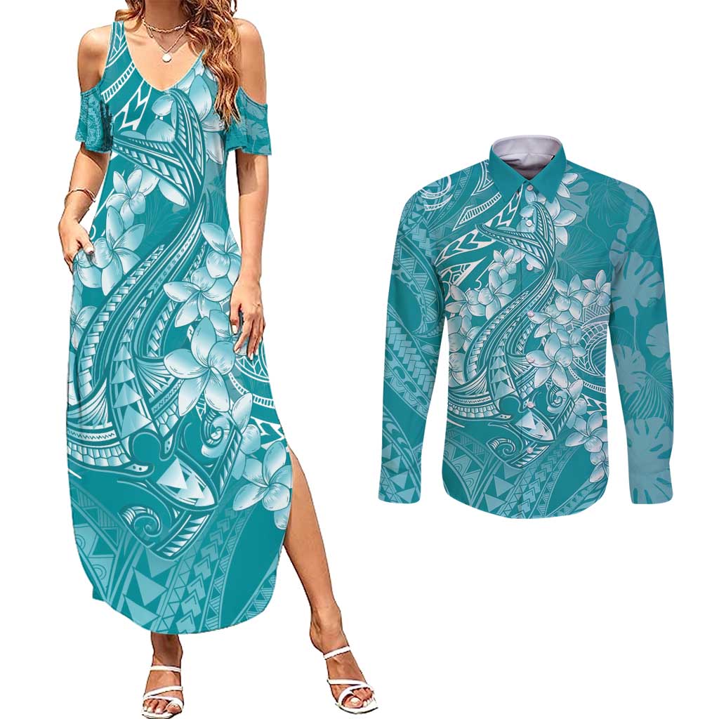 Teal Polynesia Hammerhead Shark Tattoo With Plumeria Lei Couples Matching Summer Maxi Dress and Long Sleeve Button Shirt