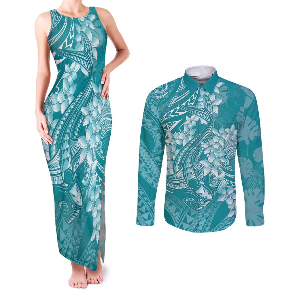 Teal Polynesia Hammerhead Shark Tattoo With Plumeria Lei Couples Matching Tank Maxi Dress and Long Sleeve Button Shirt LT14 Teal - Polynesian Pride