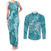 Teal Polynesia Hammerhead Shark Tattoo With Plumeria Lei Couples Matching Tank Maxi Dress and Long Sleeve Button Shirt LT14 Teal - Polynesian Pride