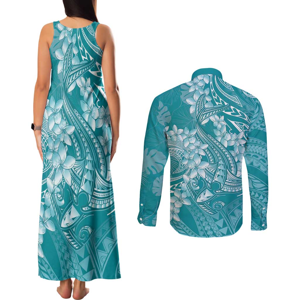 Teal Polynesia Hammerhead Shark Tattoo With Plumeria Lei Couples Matching Tank Maxi Dress and Long Sleeve Button Shirt LT14 - Polynesian Pride