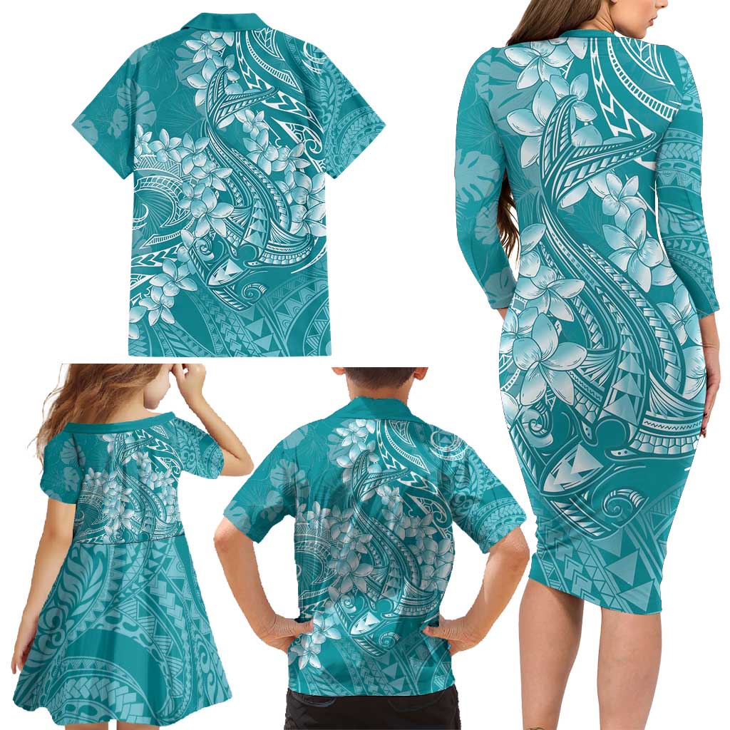 Teal Polynesia Hammerhead Shark Tattoo With Plumeria Lei Family Matching Long Sleeve Bodycon Dress and Hawaiian Shirt