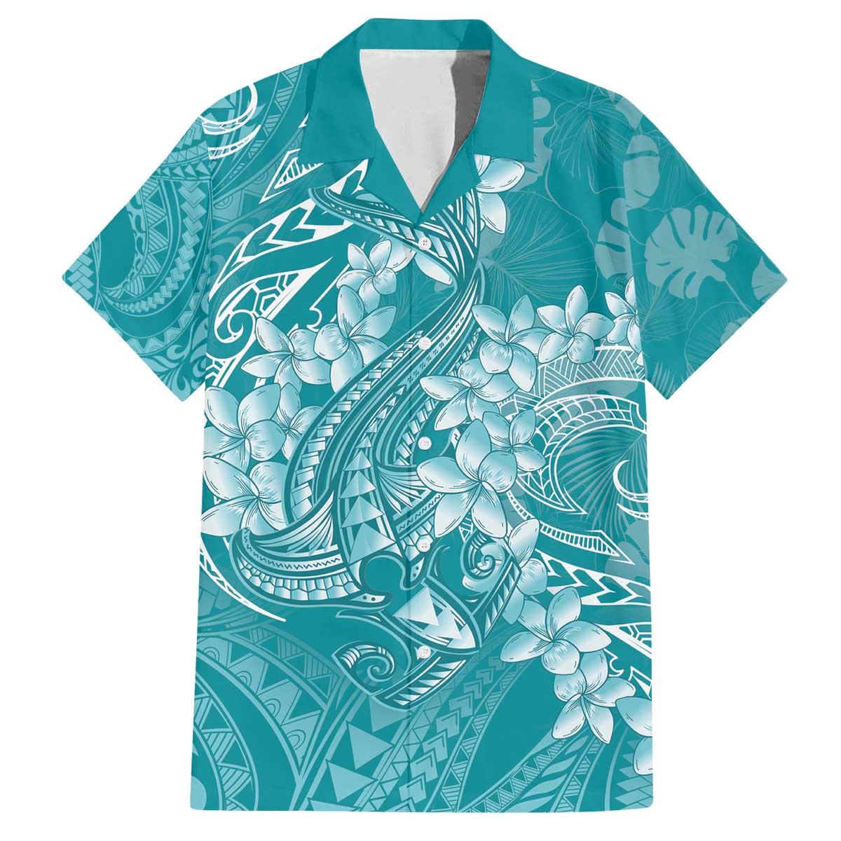 Teal Polynesia Hammerhead Shark Tattoo With Plumeria Lei Family Matching Off The Shoulder Long Sleeve Dress and Hawaiian Shirt