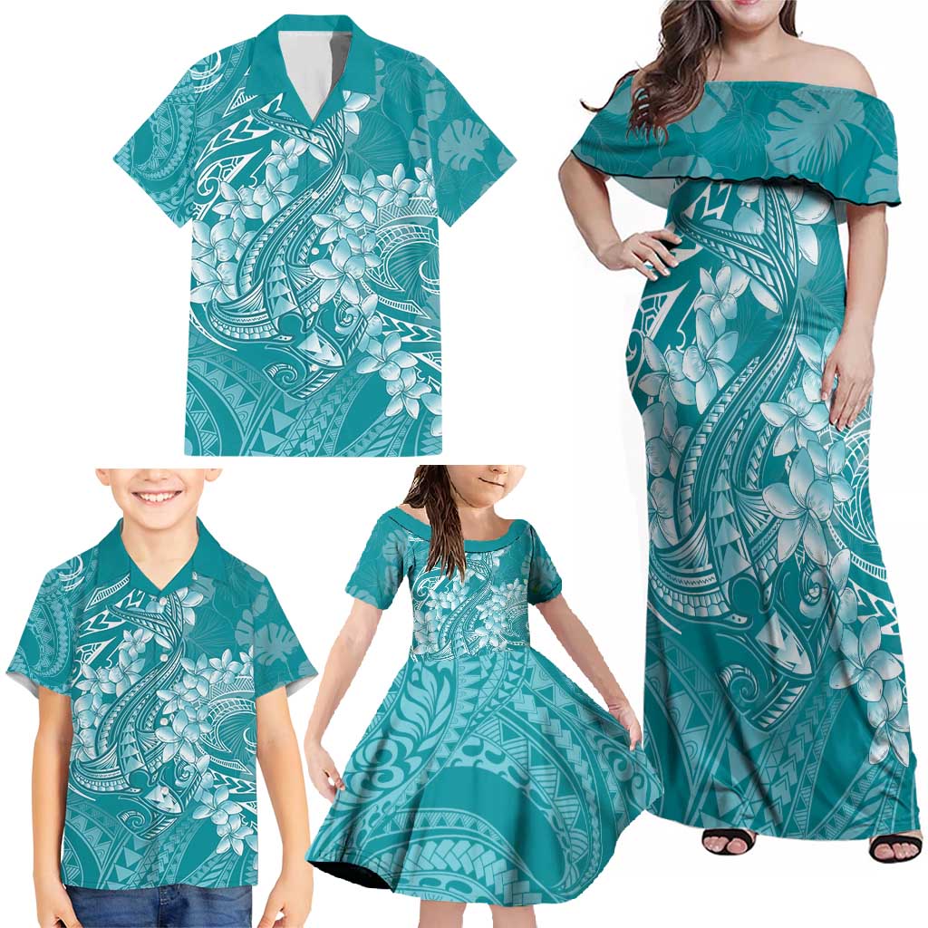 Teal Polynesia Hammerhead Shark Tattoo With Plumeria Lei Family Matching Off Shoulder Maxi Dress and Hawaiian Shirt