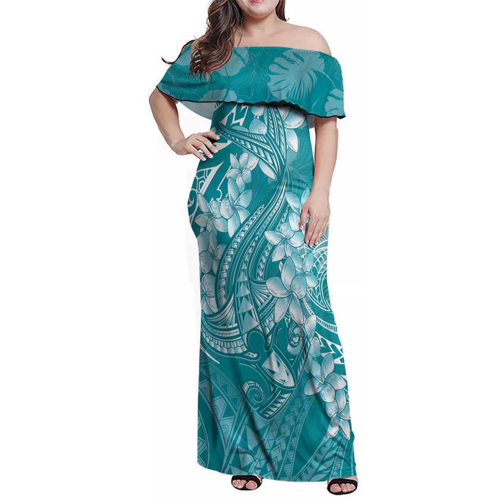 Teal Polynesia Hammerhead Shark Tattoo With Plumeria Lei Family Matching Off Shoulder Maxi Dress and Hawaiian Shirt