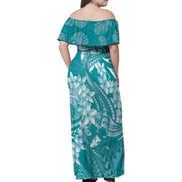 Teal Polynesia Hammerhead Shark Tattoo With Plumeria Lei Family Matching Off Shoulder Maxi Dress and Hawaiian Shirt