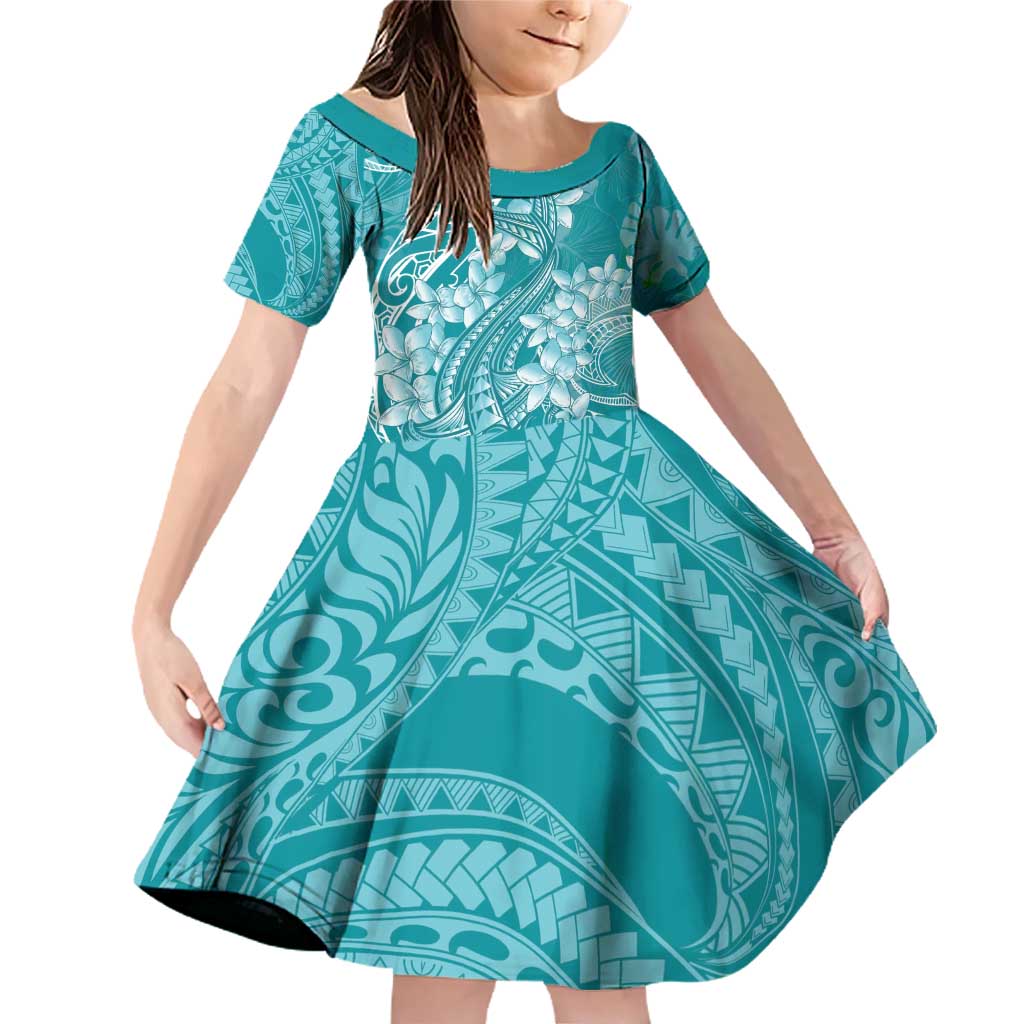 Teal Polynesia Hammerhead Shark Tattoo With Plumeria Lei Family Matching Off Shoulder Short Dress and Hawaiian Shirt