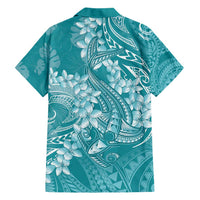Teal Polynesia Hammerhead Shark Tattoo With Plumeria Lei Family Matching Short Sleeve Bodycon Dress and Hawaiian Shirt