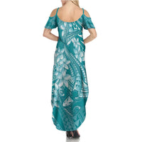 Teal Polynesia Hammerhead Shark Tattoo With Plumeria Lei Family Matching Summer Maxi Dress and Hawaiian Shirt