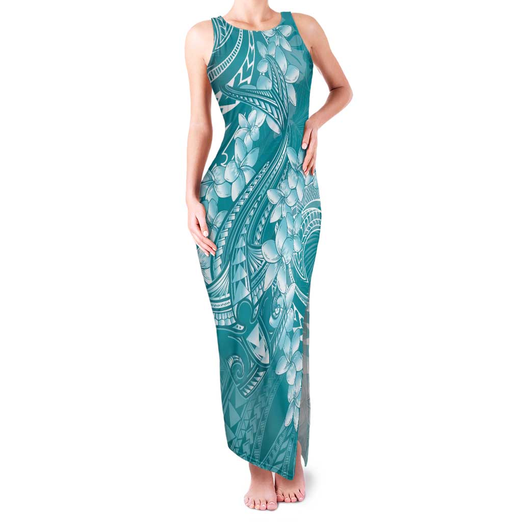 Teal Polynesia Hammerhead Shark Tattoo With Plumeria Lei Family Matching Tank Maxi Dress and Hawaiian Shirt
