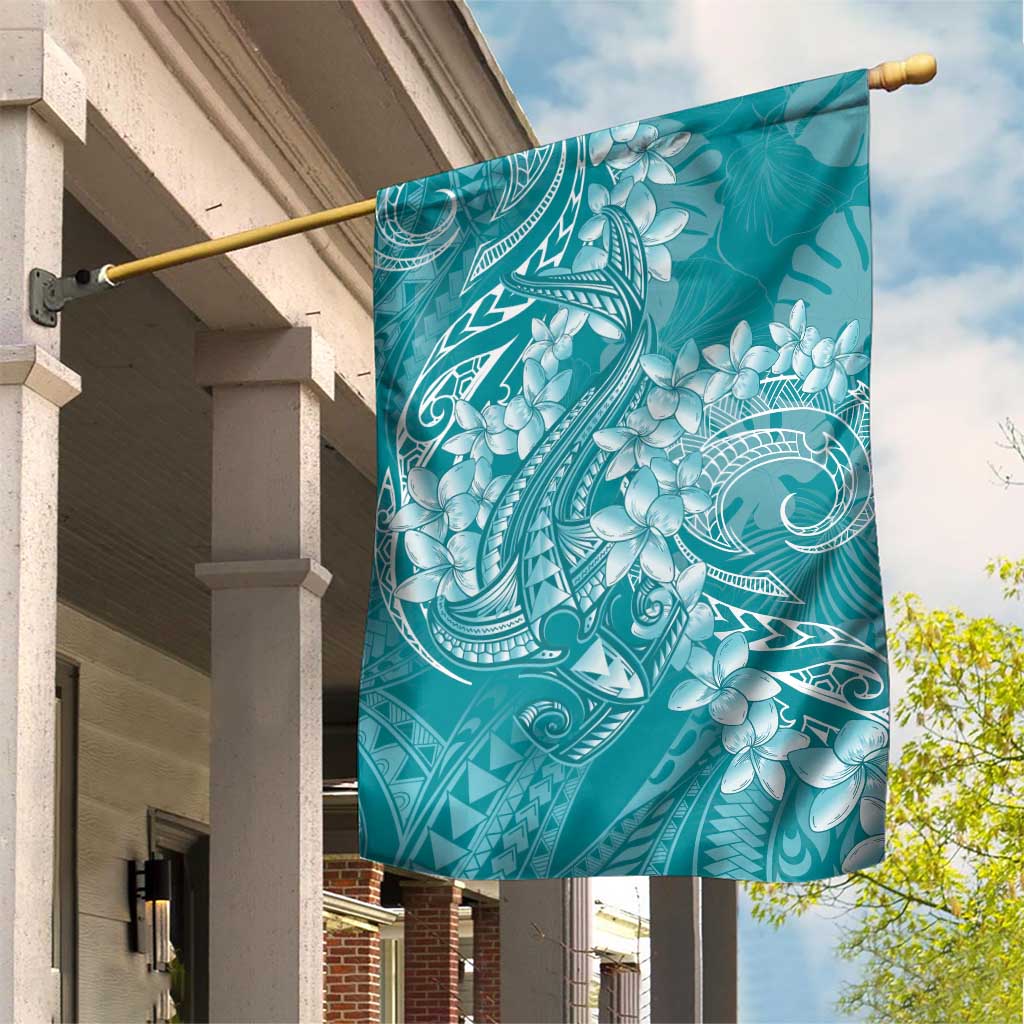 Teal Polynesia Hammerhead Shark Tattoo With Plumeria Lei Garden Flag