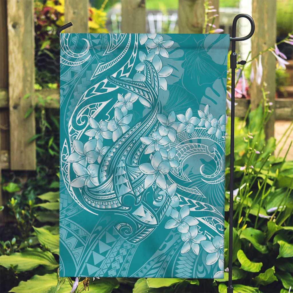 Teal Polynesia Hammerhead Shark Tattoo With Plumeria Lei Garden Flag