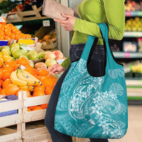 Teal Polynesia Hammerhead Shark Tattoo With Plumeria Lei Grocery Bag