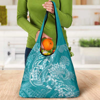 Teal Polynesia Hammerhead Shark Tattoo With Plumeria Lei Grocery Bag