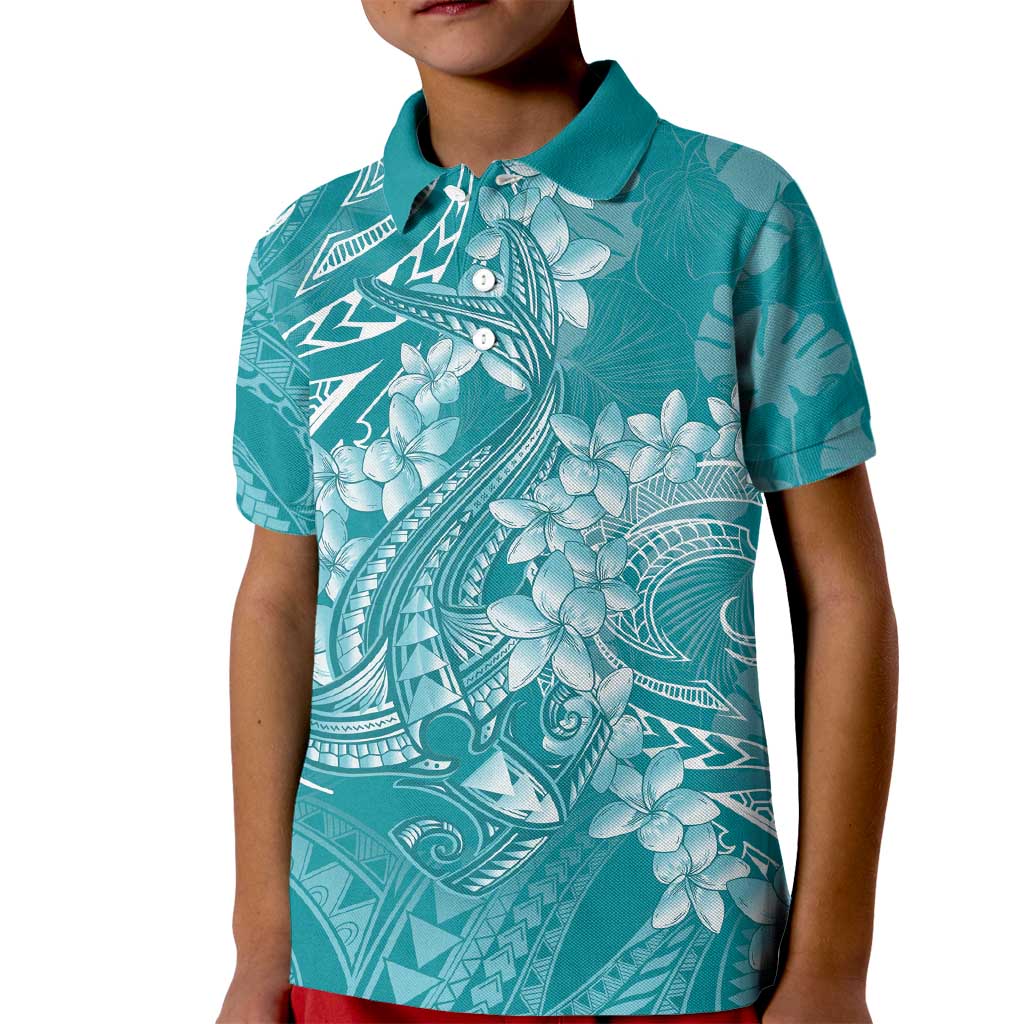 Teal Polynesia Hammerhead Shark Tattoo With Plumeria Lei Kid Polo Shirt