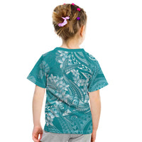 Teal Polynesia Hammerhead Shark Tattoo With Plumeria Lei Kid T Shirt