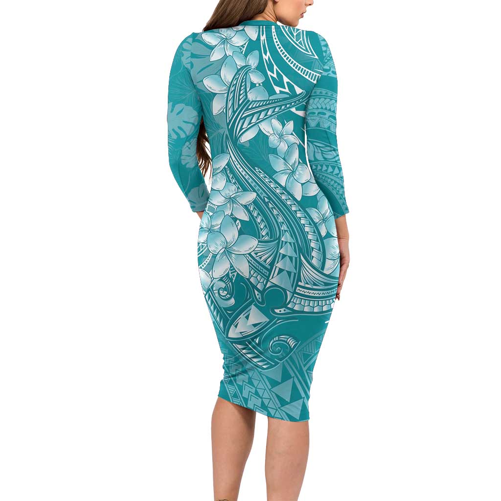 Teal Polynesia Hammerhead Shark Tattoo With Plumeria Lei Long Sleeve Bodycon Dress
