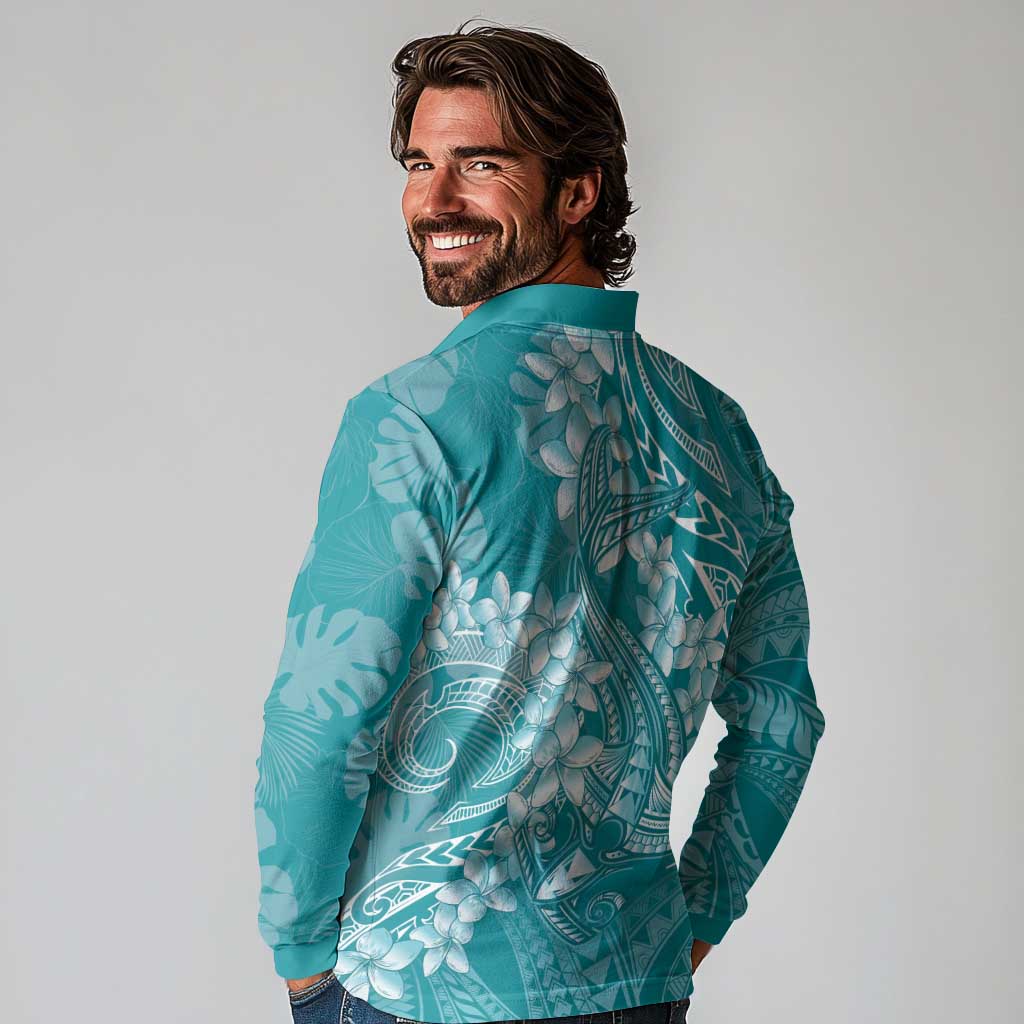 Teal Polynesia Hammerhead Shark Tattoo With Plumeria Lei Long Sleeve Polo Shirt
