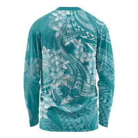 Teal Polynesia Hammerhead Shark Tattoo With Plumeria Lei Long Sleeve Shirt