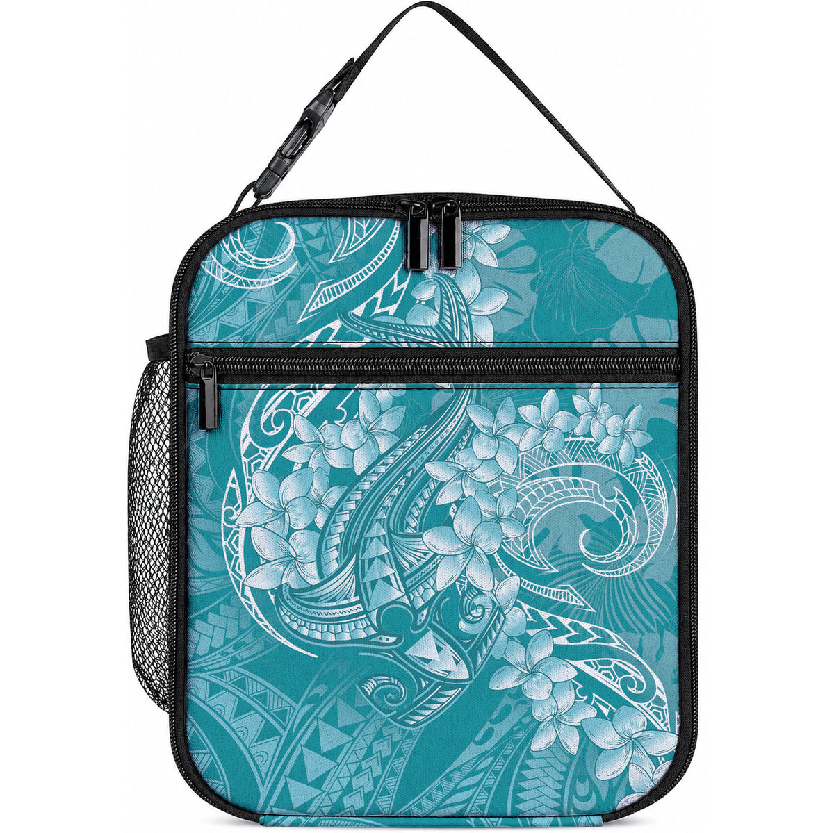 Teal Polynesia Hammerhead Shark Tattoo With Plumeria Lei Lunch Bag LT14 10.2 × 8.3 × 4.3 inch Teal - Polynesian Pride