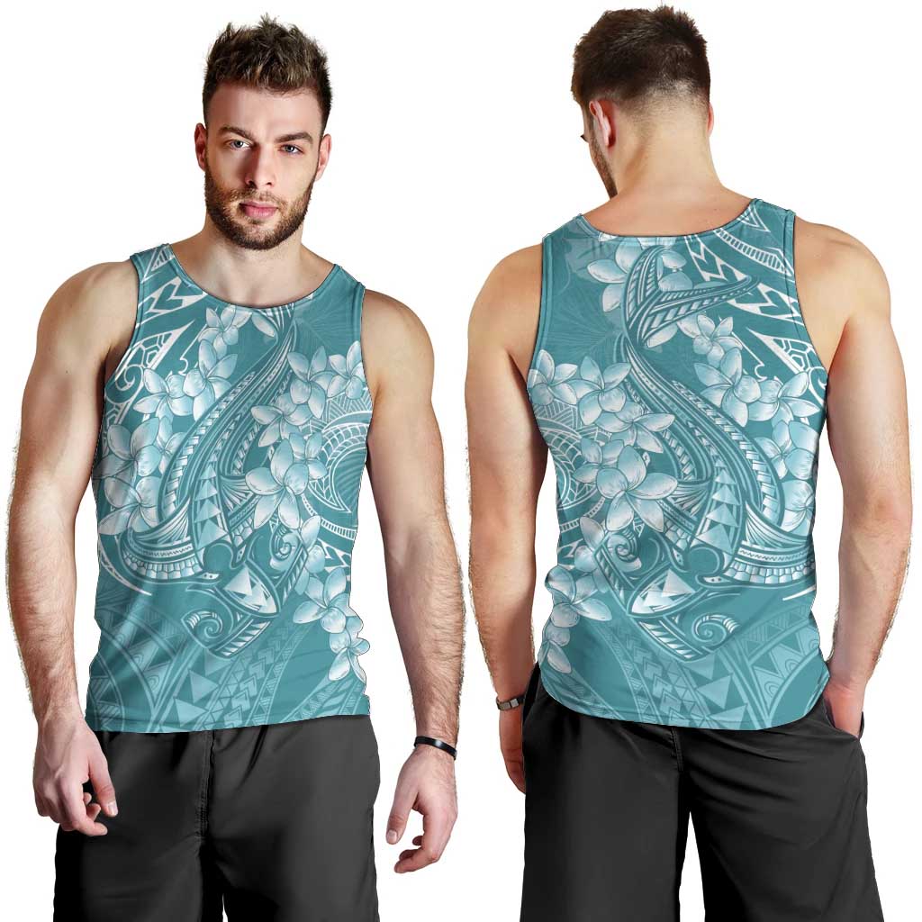 Teal Polynesia Hammerhead Shark Tattoo With Plumeria Lei Men Tank Top
