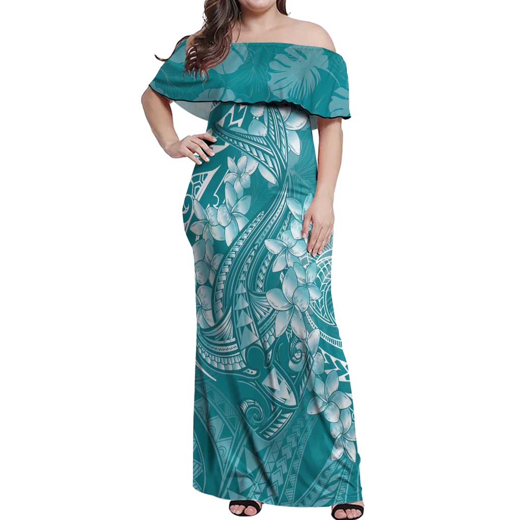 Teal Polynesia Hammerhead Shark Tattoo With Plumeria Lei Off Shoulder Maxi Dress