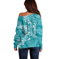 Teal Polynesia Hammerhead Shark Tattoo With Plumeria Lei Off Shoulder Sweater